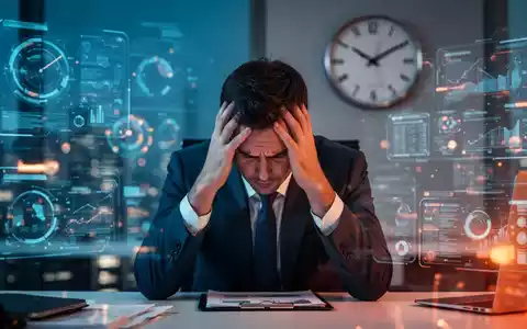Ein gestresster Geschäftsmann hält den Kopf in den Händen, umgeben von verschwommenen digitalen Schnittstellen und einer Uhr. - Foto: über boerse-global.de
