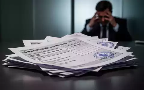 Ein Stapel deutscher Krankschreibungen auf einem Schreibtisch, im Hintergrund eine unscharfe Silhouette einer gestressten Person. - Foto: über boerse-global.de