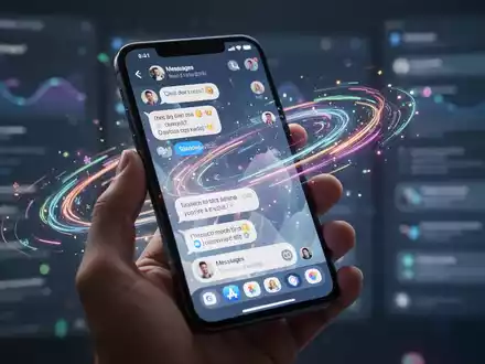A close-up of a smartphone displaying a messaging app with colorful, animated message effects. A hand holds the device. - Foto: über boerse-global.de
