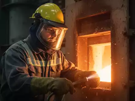 Ein Industriearbeiter in Schutzkleidung vor einer Wärmequelle, die das Thema thermische Gefahren am Arbeitsplatz illustriert. - Foto: über boerse-global.de