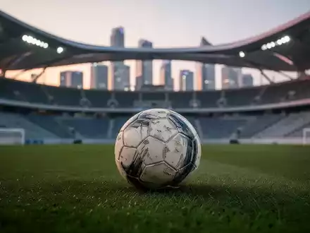 Ein leicht abgenutzter Fußball liegt auf einem grünen Rasen in einem leeren, modernen Stadion bei Sonnenuntergang. - Foto: über boerse-global.de