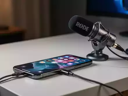An iPhone connected to a professional external microphone via USB-C, on a desk in a modern recording setup. - Foto: über boerse-global.de