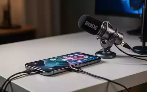 An iPhone connected to a professional external microphone via USB-C, on a desk in a modern recording setup. - Foto: über boerse-global.de
