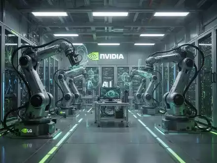 Futuristische Fabrik mit Robotern und Serverracks, die KI und Fertigung symbolisieren. - Foto: über boerse-global.de