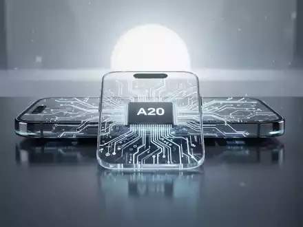 Ein futuristisches Smartphone, das ein iPhone 18 Pro darstellt, mit einem sichtbaren A20-Chip auf einem minimalistischen Hintergrund. - Foto: über boerse-global.de