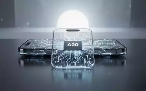 Ein futuristisches Smartphone, das ein iPhone 18 Pro darstellt, mit einem sichtbaren A20-Chip auf einem minimalistischen Hintergrund. - Foto: über boerse-global.de