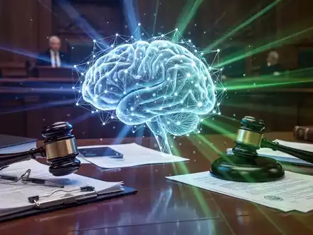 A glowing, stylized AI brain on a desk with legal documents and a judge's gavel, symbolizing AI liability in court. - Foto: über boerse-global.de