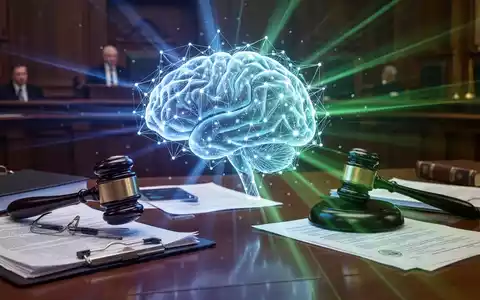 A glowing, stylized AI brain on a desk with legal documents and a judge's gavel, symbolizing AI liability in court. - Foto: über boerse-global.de