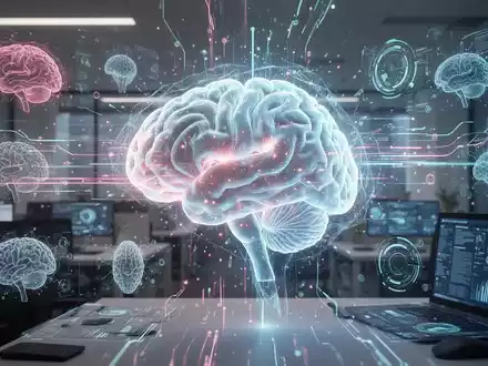 Ein stilisiertes, leuchtendes Gehirn-Hologramm umgeben von digitalen Datenströmen und KI-Schnittstellen, das mentale Fitness darstellt. - Foto: über boerse-global.de