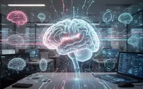 Ein stilisiertes, leuchtendes Gehirn-Hologramm umgeben von digitalen Datenströmen und KI-Schnittstellen, das mentale Fitness darstellt. - Foto: über boerse-global.de
