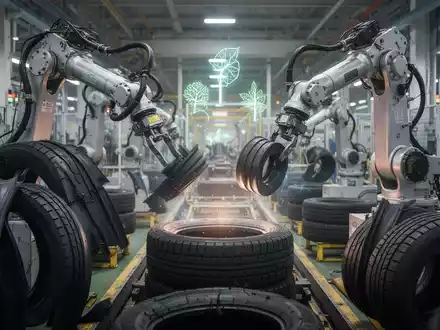 Roboterarme bewegen Gummikomponenten in einer modernen Reifenfabrik mit einem subtilen Glühen, das erneuerbare Energie darstellt. - Foto: über boerse-global.de