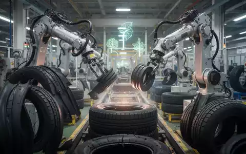Roboterarme bewegen Gummikomponenten in einer modernen Reifenfabrik mit einem subtilen Glühen, das erneuerbare Energie darstellt. - Foto: über boerse-global.de