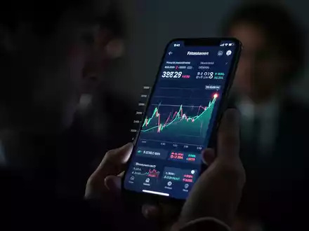 Ein Smartphone-Bildschirm zeigt eine betrügerische Finanz-App mit einem gefälschten Diagramm in einer dunklen Umgebung. - Foto: über boerse-global.de