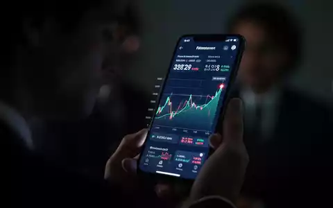 Ein Smartphone-Bildschirm zeigt eine betrügerische Finanz-App mit einem gefälschten Diagramm in einer dunklen Umgebung. - Foto: über boerse-global.de