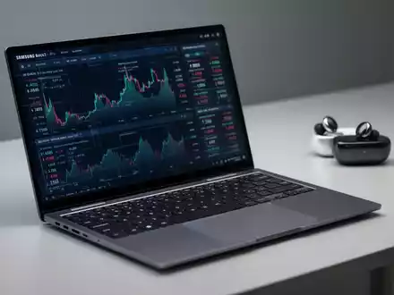 A sleek Samsung Galaxy Book3 Pro laptop open on a desk, with wireless earbuds blurred in the background, symbolizing tech deals. - Foto: über boerse-global.de