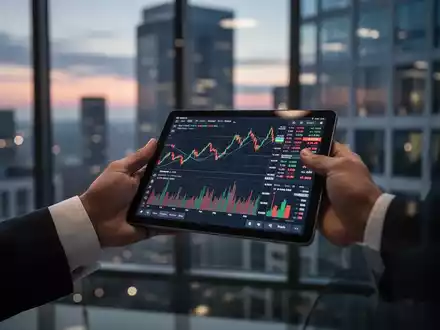 Eine Hand im Business-Anzug hält ein Tablet mit Börsencharts, im Hintergrund ein unscharfes Bürogebäude bei Dämmerung. - Foto: über boerse-global.de