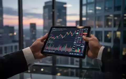 Eine Hand im Business-Anzug hält ein Tablet mit Börsencharts, im Hintergrund ein unscharfes Bürogebäude bei Dämmerung. - Foto: über boerse-global.de