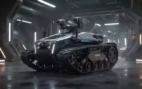 Advanced unmanned ground vehicle (UGV) with visible sensors and rugged tracks, operating in an industrial setting. - Foto: über boerse-global.de