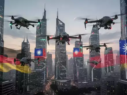 Militärische Drohnen fliegen über eine Stadt bei Sonnenuntergang, mit angedeuteten deutschen und taiwanesischen Flaggenfarben in der Architekturbeleuchtung. - Foto: über boerse-global.de