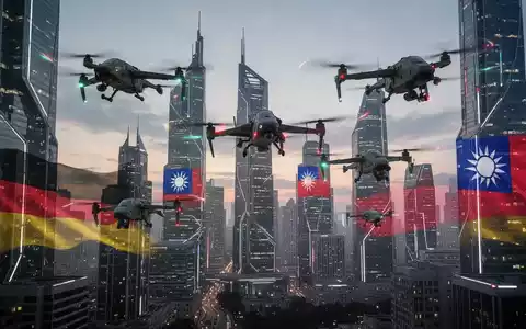 Militärische Drohnen fliegen über eine Stadt bei Sonnenuntergang, mit angedeuteten deutschen und taiwanesischen Flaggenfarben in der Architekturbeleuchtung. - Foto: über boerse-global.de