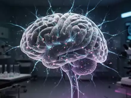 Eine stilisierte, abstrakte Darstellung eines Gehirns mit leuchtenden neuronalen Pfaden in einem dunklen, klinischen Raum. - Foto: über boerse-global.de