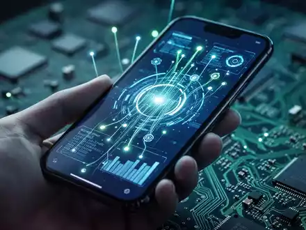 A modern smartphone displaying a futuristic user interface with abstract data points, symbolizing software updates and technological advancements. - Foto: über boerse-global.de