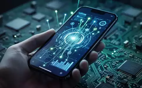 A modern smartphone displaying a futuristic user interface with abstract data points, symbolizing software updates and technological advancements. - Foto: über boerse-global.de