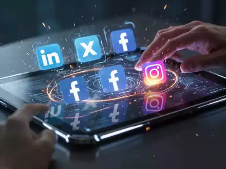 A sleek tablet displaying a multi-platform post editor interface with various social media logos and AI-assisted content features. - Foto: über boerse-global.de