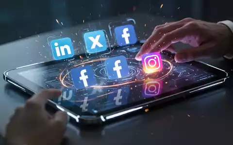 A sleek tablet displaying a multi-platform post editor interface with various social media logos and AI-assisted content features. - Foto: über boerse-global.de