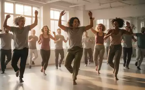Eine vielfältige Gruppe von Erwachsenen tanzt mit Freude in einem hellen, modernen Studio, das Verbindung und Rhythmus betont. - Foto: über boerse-global.de