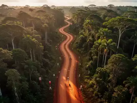 Luftaufnahme eines unbefestigten Korridors, der sich durch dichten brasilianischen Regenwald schlängelt, mit geologischen Markierungen. - Foto: über boerse-global.de