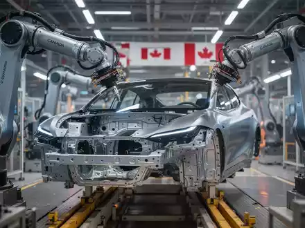Roboterarme montieren ein Elektrofahrzeug-Chassis in einer modernen, hochtechnologischen kanadischen Fabrik. - Foto: über boerse-global.de