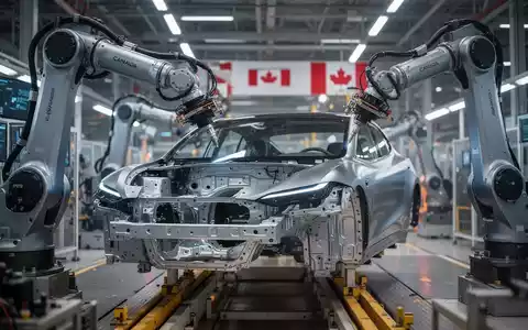 Roboterarme montieren ein Elektrofahrzeug-Chassis in einer modernen, hochtechnologischen kanadischen Fabrik. - Foto: über boerse-global.de