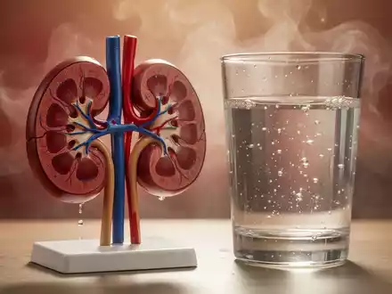 Nahaufnahme eines Nierenmodells neben einem Glas Wasser, im Hintergrund eine Hitzewelle, die Nierenfunktion und Hydratation symbolisiert. - Foto: über boerse-global.de