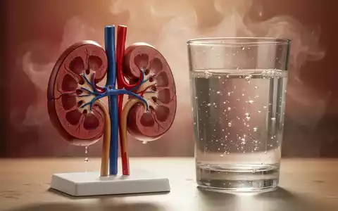Nahaufnahme eines Nierenmodells neben einem Glas Wasser, im Hintergrund eine Hitzewelle, die Nierenfunktion und Hydratation symbolisiert. - Foto: ĂĽber boerse-global.de
