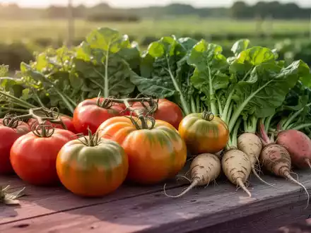 Nahaufnahme von frisch geerntetem, biologischem Gemüse wie Tomaten und Blattgemüse auf einem rustikalen Holztisch im Sonnenlicht. - Foto: über boerse-global.de