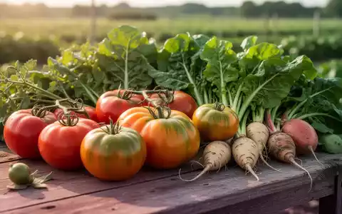 Nahaufnahme von frisch geerntetem, biologischem Gemüse wie Tomaten und Blattgemüse auf einem rustikalen Holztisch im Sonnenlicht. - Foto: über boerse-global.de