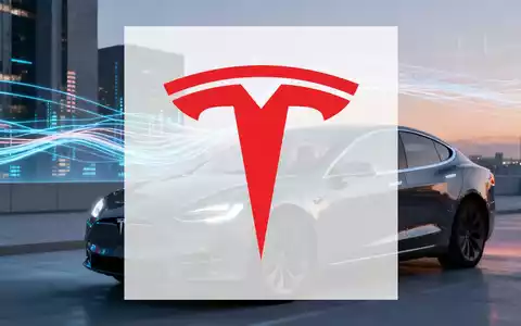 Ein elegantes Tesla-Auto parkt in einem futuristischen Finanzviertel bei Sonnenuntergang, mit abstrakten Datenlinien im Hintergrund. - Foto: über boerse-global.de