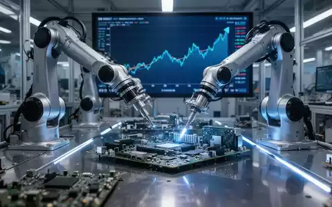 Eine hochmoderne Fabrikhalle mit Roboterarmen, die elektronische Komponenten montieren, und einer digitalen Anzeige mit einem Finanzgraphen. - Foto: über boerse-global.de