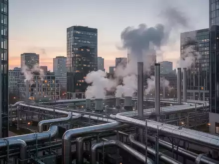 Eine städtische Skyline bei Dämmerung mit modernen Gebäuden und angedeuteter Fernwärme-Infrastruktur, die Energieplanung symbolisiert. - Foto: über boerse-global.de