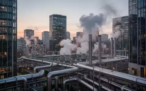 Eine städtische Skyline bei Dämmerung mit modernen Gebäuden und angedeuteter Fernwärme-Infrastruktur, die Energieplanung symbolisiert. - Foto: über boerse-global.de