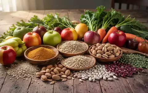 Eine Stillleben-Anordnung von frischem Obst, Gemüse, Vollkornprodukten und Nüssen auf einem Holztisch, beleuchtet von natürlichem Licht. - Foto: über boerse-global.de