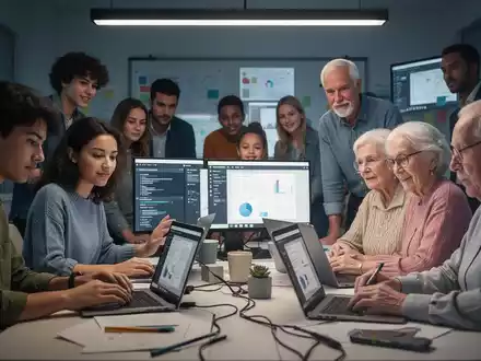 Young and old people learning together on laptops and tablets, symbolizing intergenerational digital skills exchange. - Foto: über boerse-global.de