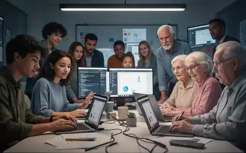 Young and old people learning together on laptops and tablets, symbolizing intergenerational digital skills exchange. - Foto: über boerse-global.de