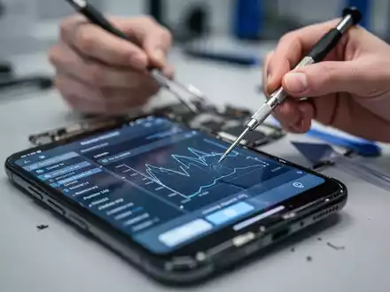 Nahaufnahme eines Smartphones mit Diagnosesoftware und unscharfen Händen, die Reparaturwerkzeuge halten, in einer modernen Werkstatt. - Foto: über boerse-global.de
