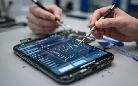 Nahaufnahme eines Smartphones mit Diagnosesoftware und unscharfen Händen, die Reparaturwerkzeuge halten, in einer modernen Werkstatt. - Foto: über boerse-global.de