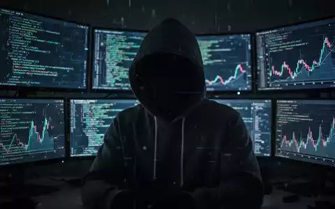 Eine schattenhafte Figur vor Bildschirmen mit Code und Finanzgrafiken, die KI-gesteuerten Cyberbetrug darstellt. - Foto: über boerse-global.de