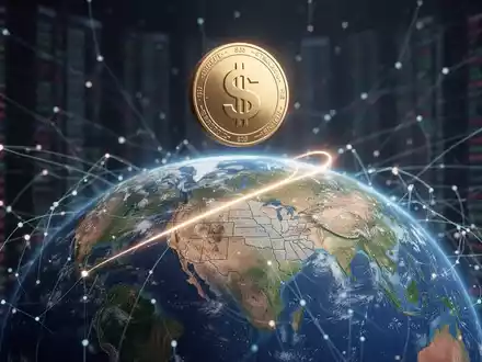 A digital stablecoin icon floating above a globe, with lines connecting the US and India, representing international financial transactions. - Foto: über boerse-global.de