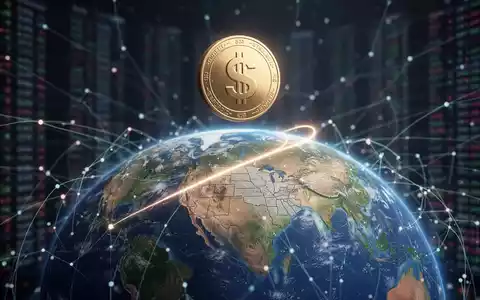 A digital stablecoin icon floating above a globe, with lines connecting the US and India, representing international financial transactions. - Foto: über boerse-global.de