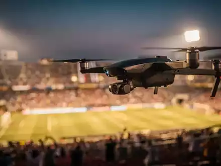 Eine Drohne mit Sensoren patrouilliert über einem Stadion bei Dämmerung, das von Scheinwerfern beleuchtet wird. - Foto: über boerse-global.de